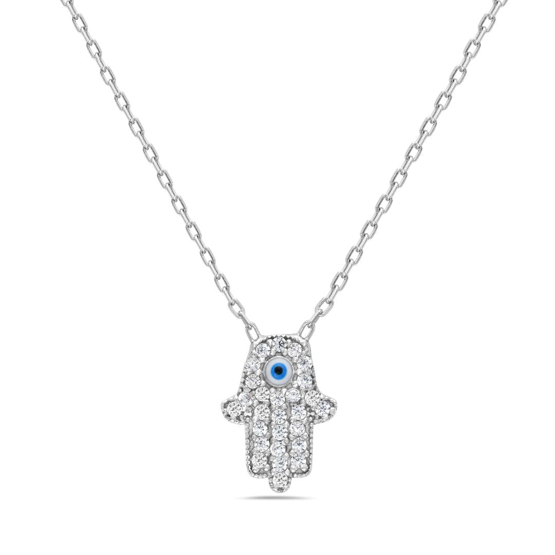 Sterling Silver, 14 Karat Yellow Gold Necklace Baby Hamsa Necklace With Enameled Evil Eye & Cubic Zirconia. 